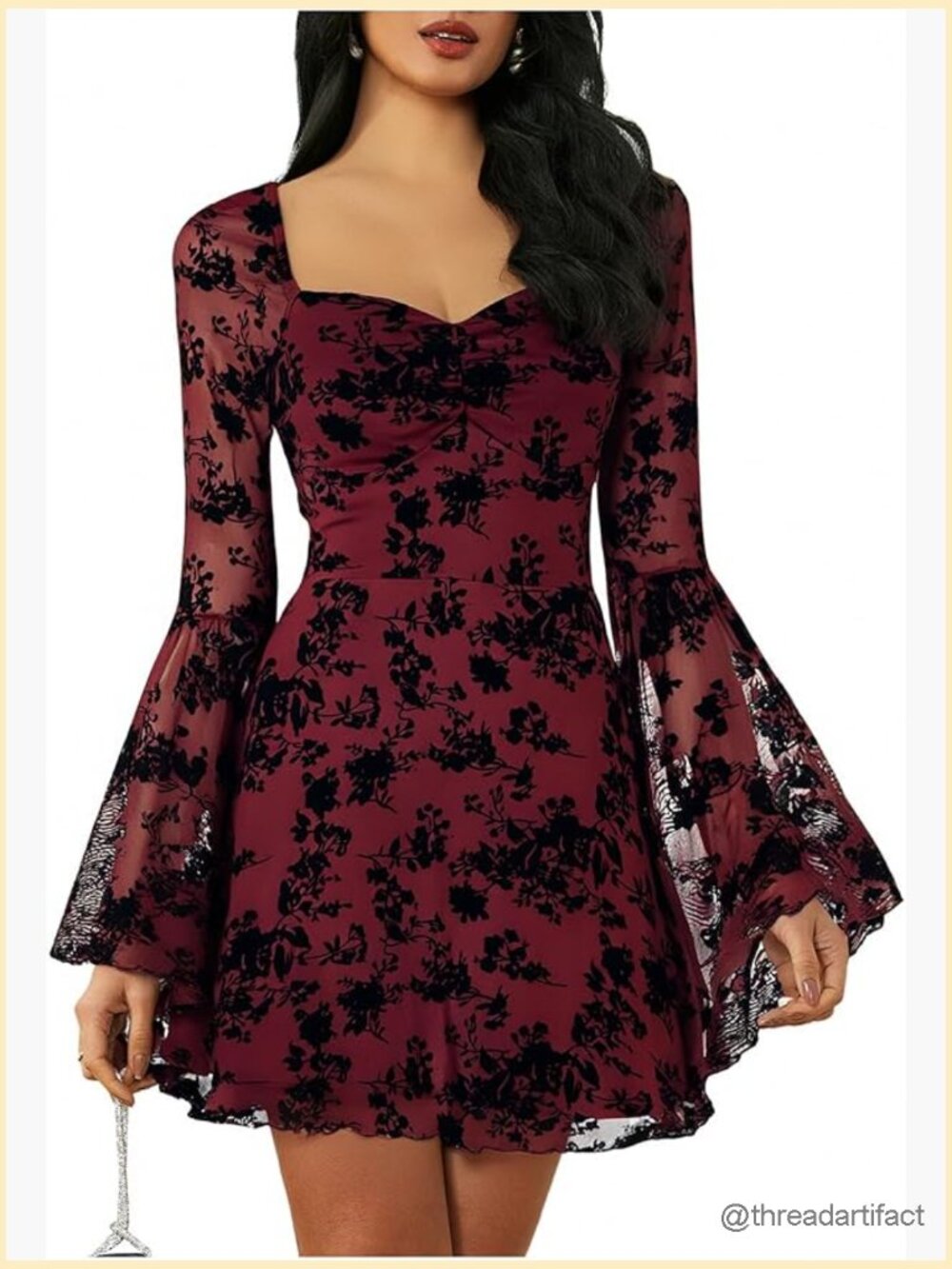 Floral Jacquard Mesh Gothic Dress Bell Long Sleeve A Line Vintage